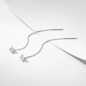 Detail of s925 silver threader earrings featuring square cubic zirconia on long chain