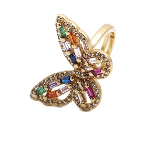 Chic golden butterfly ring featuring vibrant multicolor zircon stones and crystal accents