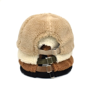 Detail of winter lamb wool baseball caps showing metal buckles and five color options