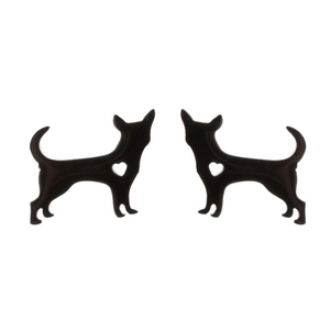 Minimalist black stainless steel Chihuahua dog stud earrings with heart cutout design