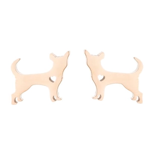 Close-up of elegant hollow puppy shaped stud earrings in polished golden stainless steel