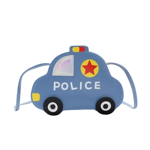 Cute blue car-shaped PU leather crossbody bag for kids with white POLICE lettering