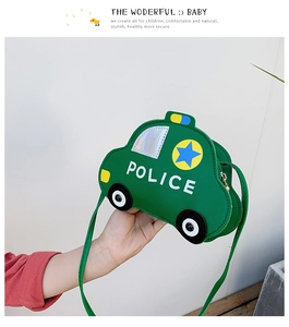 Detail of children's green cartoon police car crossbody bag with POLICE text and zipper