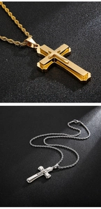 Detail view of gold and silver layered cross pendants with textured rope chain