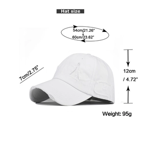 Detailed size chart for distressed white cotton baseball hat with dimensions and weight