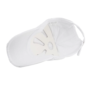 Detail of 100% cotton white baseball cap with adjustable metal buckle and inner structure
