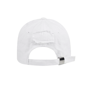 Back view of distressed white cotton baseball cap with adjustable metal buckle strap