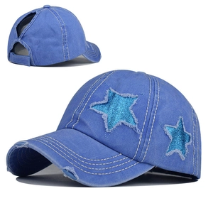 Blue washed cotton ponytail baseball cap with sequined stars and distressed edges