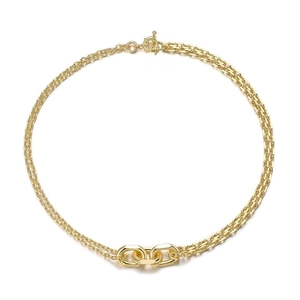Double-layered gold chain necklace with interlocking triple rings and high polish finish