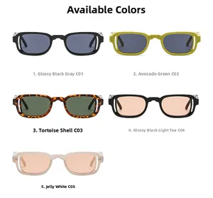 Detailed palette showing five stylish rectangle sunglasses in various modern color frames