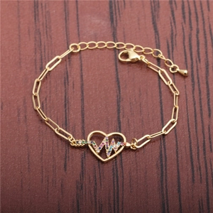 Bracelet cubain doré style hip hop avec pendentif cœur ECG et pierres colorées serties