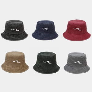 Vintage washed cotton bucket hats with wave embroidery in six assorted colors
