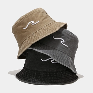Vintage Washed Cotton Bucket Hat With Wave Embroidery Outdoor Sun Protection Breathable Retro Fisherman Cap For Unisex