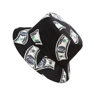 Streetwear bucket hat with black dollar bill print shown from a stylish side angle