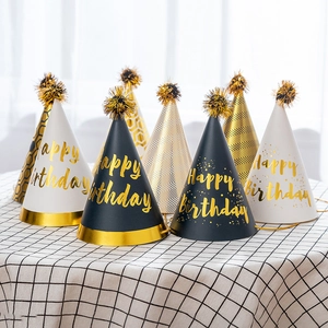 Black Gold Birthday Party Hat Paper Cone With Metallic Pom Pom And Elastic Strap For Kids Adults Celebration Decor