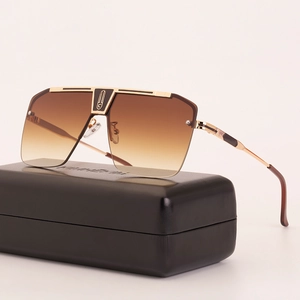 Retro oversized rimless sunglasses with brown gradient lenses and gold metal frame