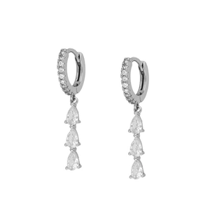 S925 silver hoop earrings with triple pear-cut drop crystals in a vertical line