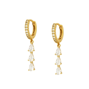 Elegant gold-plated hoop earrings with three dangling pear-cut zircons for women