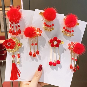 Traditional Chinese red hair clips for girls with faux mink fur pompom and long tassels