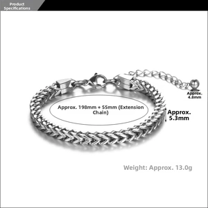 Detail view of silver wheat chain bracelet with clasp and length measurements