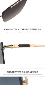 Detail of sunglasses featuring engraved golden metal temples and protective silicone pads