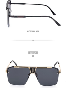Dual view of black and gold pilot sunglasses showing 90-degree side and front details
