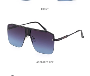 Front and 45-degree side views of black metal sunglasses with gradient lenses