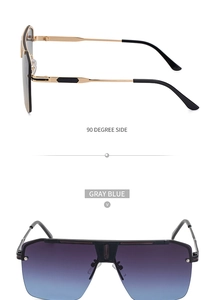 Detail view of large square gray-blue gradient sunglasses with gold and black metal frame