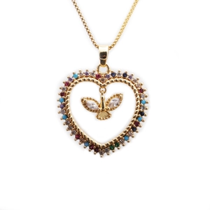 Peace Dove Heart Pendant Necklace Colorful Zircon Rhinestone Inlaid Copper Holy Spirit Bird Jewelry For Women
