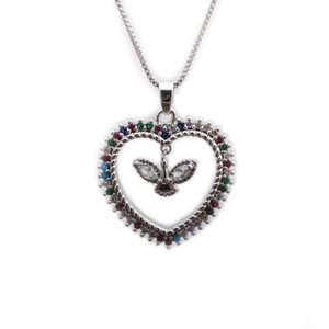 Silver peace dove heart necklace with colorful micro-set zircons on white background