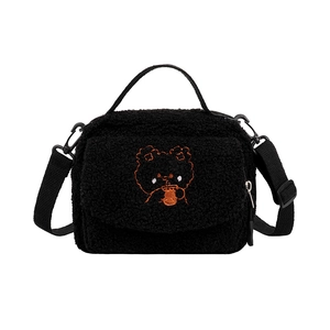 Cute black fuzzy lamb wool shoulder bag with a small bear embroidery pattern