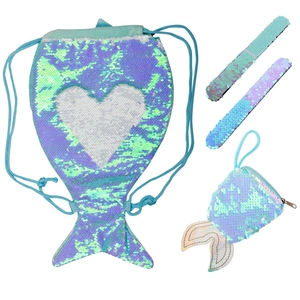 Set of sequin mermaid tail drawstring bag, coin purse, and glittery slap bracelets