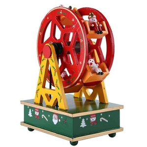 Boîte à musique de Noël en bois grande roue avec décor Père Noël et bonhomme de neige