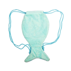 Detail of turquoise mermaid tail drawstring bag in soft plush fabric with sequined fin