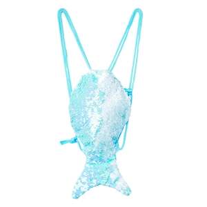 Close-up of sparkling blue and white gradient sequins on a mermaid tail drawstring bag