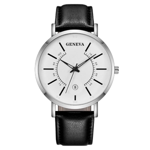 Minimalist quartz watch for men with silver case, white dial, and black leather strap