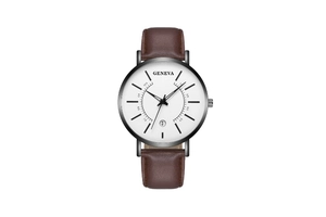 Detail view of the white Geneva watch dial with date window and brown leather strap