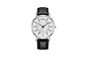 Detailed close-up of Geneva quartz watch with white dial, date window and black leather strap