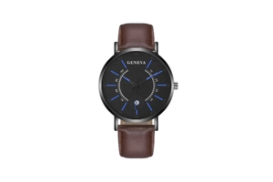 Detail shot of Geneva men's watch with black dial and brown leather strap with stitching