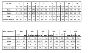 Detailed size chart for wedding dresses featuring US standard and plus size measurements