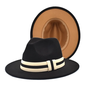 Détail du chapeau fedora classique en laine noire avec ruban rayé et vue intérieure