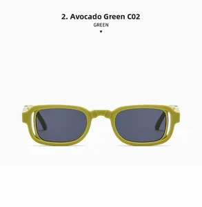 Detail of avocado green sunglasses featuring unique hollowed double-layer frame design