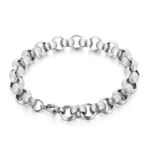 Rugged silver titanium steel chain bracelet with textured round links and lobster clasp