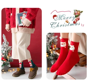 Detail of Christmas socks featuring festive Santa embroidery and red knit texture