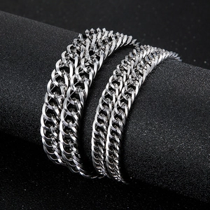 Polished silver stainless steel Cuban link bracelet and necklace jewelry set for men