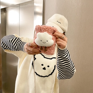 Pink lamb wool cloud phone bag with cute facial expression and slim shoulder strap