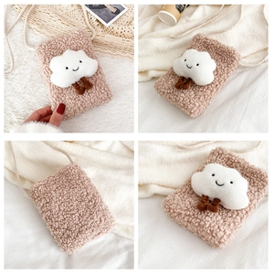 Detail views of plush cloud crossbody bag in dusty rose fleece with white rope strap