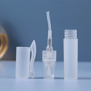 Translucent matte plastic perfume spray bottle components with hook cap and pump