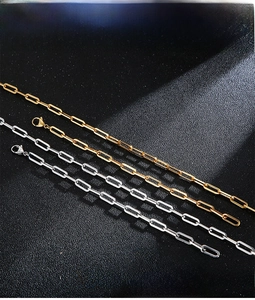 Detail of 316L stainless steel paperclip chain with secure lobster clasp closure