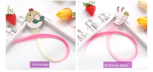 Detail of cartoon chick and rabbit hair clips with colorful gradient synthetic hair